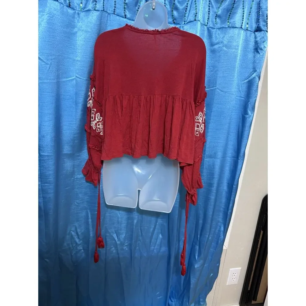 Free People Penny Love Top Cropped Red Embroidered Tassels Boho SZ M